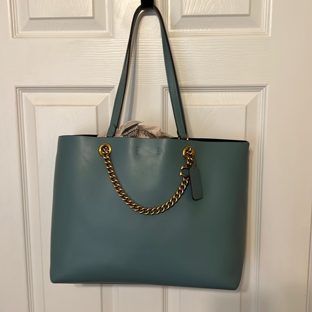 Aqua Coach tote with gold chain and leather straps